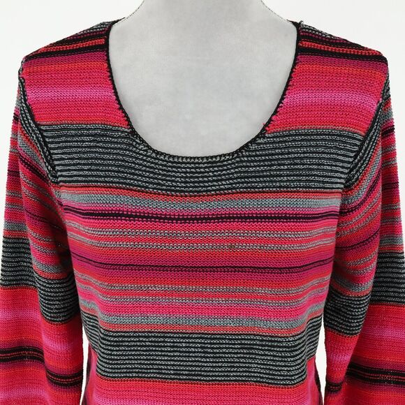 Sigrid Olsen Sport Sweater Womens Large Pink Black Stripe Sleeves Hem Fringe - Picture 7 of 13